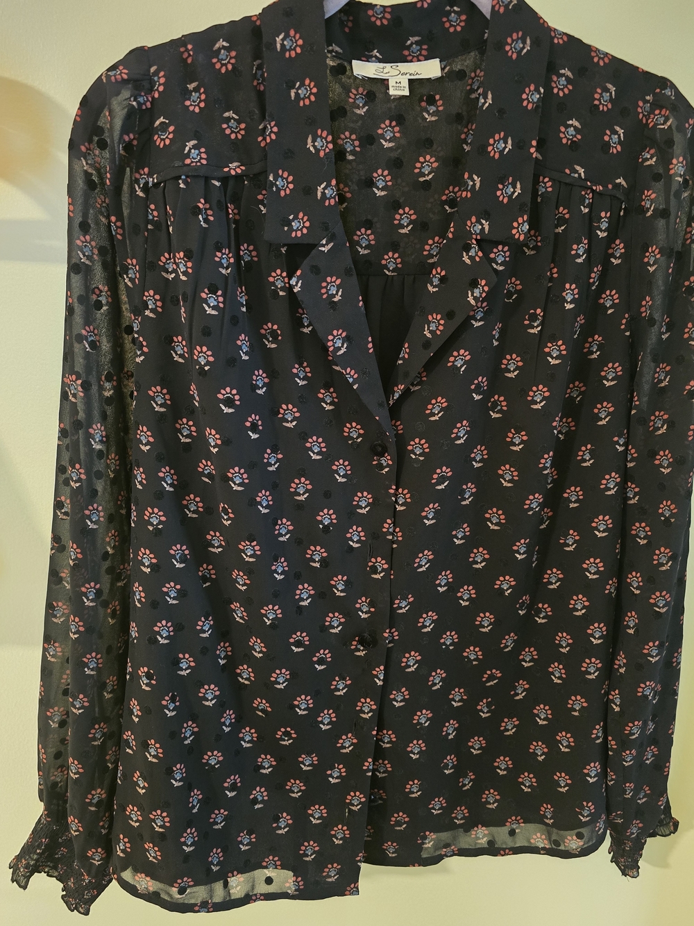 Les Serein Black Floral-Print Button Down Blouse